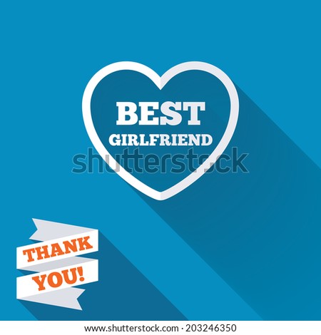 Best girlfriend sign icon. Heart love symbol. White flat icon with long shadow. Paper ribbon label with Thank you text. Vector