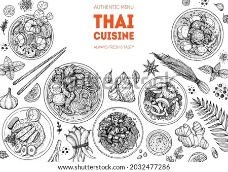 Thai food top view vector illustration. Food menu design template. Hand drawn sketch. Thai food menu. Vintage style. Thai noodle soup, tom yum, som tam, massaman curry, khao man gai, pad pak ruam Royalty-Free Stock Photo #2032477286