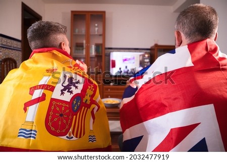 Two male friends and sports fans are watching a sporting event on television. The picture is taken from the men's backs. Each of the men is carrying a flag on his shoulders. Sports Concept