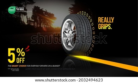 Tire shop vector banner of car wheel tyres with tread track price offer. Tire shop, spare parts and auto service discount promotion design. Editable graphic layout. Black Friday sale. Royalty-Free Stock Photo #2032494623