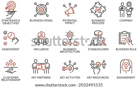 Vector Set of Linear Icons Related to Business Processes, Interaction, Partnership and Management. Mono Line Pictograms and Infographics Design Elements Royalty-Free Stock Photo #2032495535