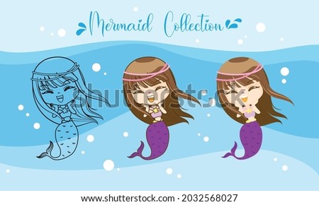 Little Mermaid character cartoon, Hello girl fish, isolated on Blue background, Vector Illustration