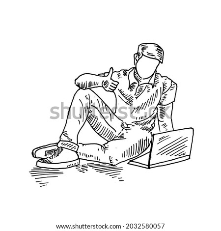 Thumbs up.	an employee is busy working with his laptop raising his right thumb	Retro vintage sketch vector illustration. Engraving style. black isolated on white background. vector draw graphic design