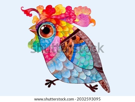 Colorful cute fantasy bird hand made watercolor painting for background,logo,banner,advertising,birds cartoon images,nature illustration,pattern,character design,birds cartoon illustration,clip art.