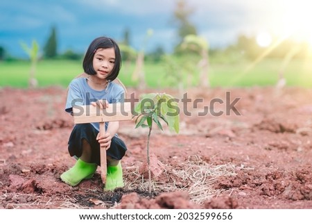 Kids holding wood of tree label on soil in organic garden farm, Asian children working in farm agriculture in rural or countryside, child seeding and planting tree in vacation relaxing time lifestyle