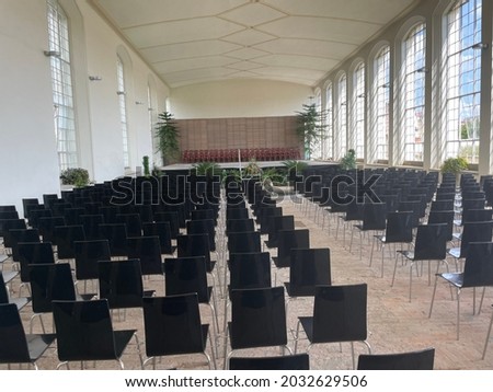 The seats in hall ready for conference or other meetings like weddings etc. The hall is located in Kromeriz flower garden.