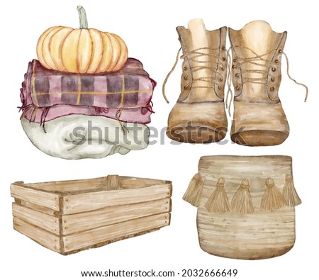 Autumn clip arts boots, plaid, basket and box