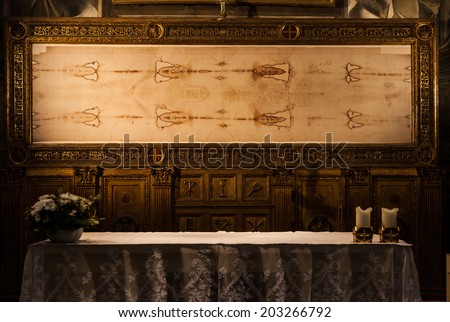 Detail of a copy of the Holy Shroud of Turin, Italy Royalty-Free Stock Photo #203266792