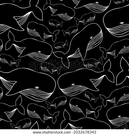 Vector seamless black and white lined illustration pattern of decorative cartoon whale. The design is perfect for stickers, badges, coloring, illustrations, logos, icons, decorations