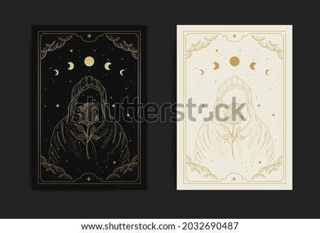 Wizard and rose in the night sky in engraving, luxurious, esoteric, boho style. Suitable for spiritualists, psychics, tarot, fortune tellers, astrologers and tattoo Royalty-Free Stock Photo #2032690487