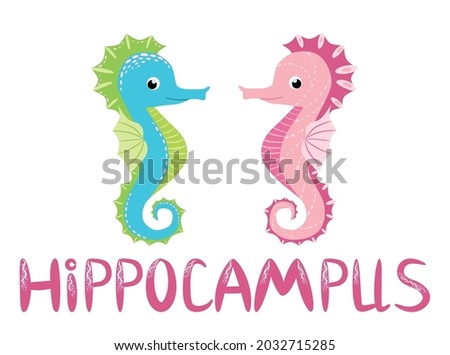 Pair of seahorses, scandinavian style hippocampus, hand drawn, pink and turquoise, boy and girl, love and family, lettering name of the sea animal