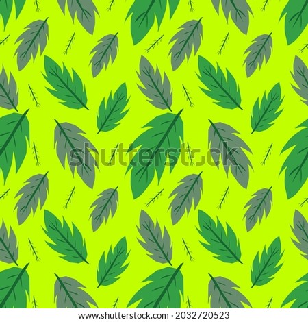 Drawing of many leaves in light green and dark green on green background, seamless pattern.