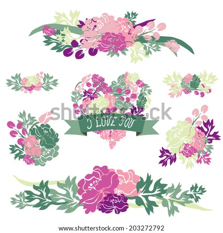 Elegant floral bouquets with peony flowers, design elements. Floral compositions can be used for wedding, baby shower, mothers day, valentines day cards, invitations. Vintage decorative flowers.