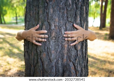 Close-up of female hands hugging a tree trunk in a forest