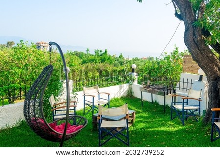 Patio furniture in garden, relaxation place at garden