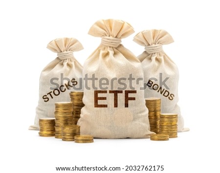 ETF fund with stocks and bonds. Money bag as a symbol of stock market trading. isolated on white background.
