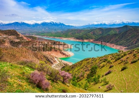 Lake Hisorak is a water reservoir near Shahrisabz city in Uzbekistan Royalty-Free Stock Photo #2032797611