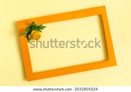 A colored frame decorated with yellow flowers on a light background of the mine space. Flat ley bright orange frame and yellow flower decor