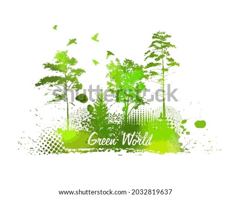 green trees. green World . Abstract landscape. Colored blots. Mixed media, Vector illustration