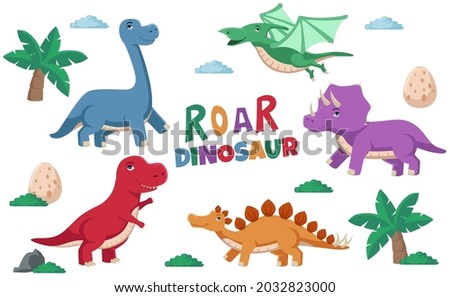 Illustration of cute colorful dinosaur, stegosaurus, tricerator, pterodactyl, tyrannosaurus, brontosaurus for kid children illustration concept