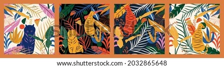 Set of Vector Seamless Pattern With Leopard, Tiger, and tropical Leaves. Trendy and abstract style. 