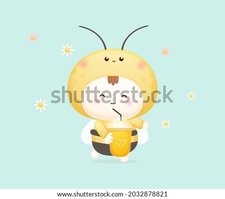 Cute happy baby in bee costume holding and drink honey bee. Mascot cartoon illustration Premium Vector