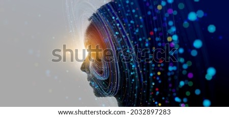 Double exposure of business woman and Big Data concept. Digital neural network.Introduction of artificial intelligence. Cyberspace of future.Science and innovation of technology. Royalty-Free Stock Photo #2032897283