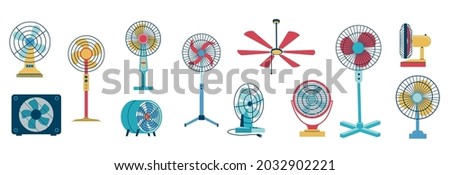 Electric fan. Home and office air blower with blades. Cooling floor and desktop machine. Ceiling mounting conditioning devices. Vector household electrical ventilation equipment set Royalty-Free Stock Photo #2032902221