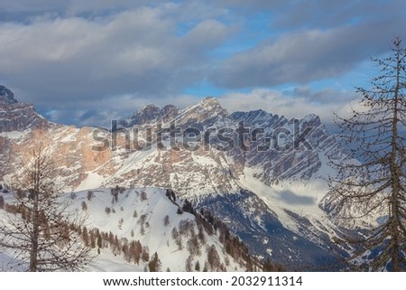 The Belpra and Torre Sabbioni peaks winter scenery at sunset, San Vito di Cadore, Dolomites, Italy