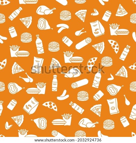 Vector Food Seamless pattern Illustration Cooking Fast food Snack Picnic Harmful eating habits Unhealthy lifestyle Sausage Hamburger Cheese Pizza French fries Chips Hotdog Ham Chicken Design for print