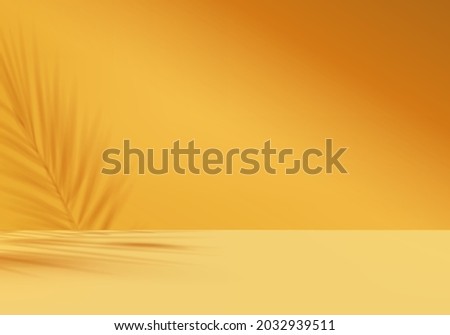 3d yellow background products display podium scene with yellow leaf platform. background vector 3d render with podium. background 3d to show cosmetic product. Stage showcase on pedestal display yellow Royalty-Free Stock Photo #2032939511