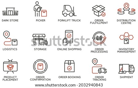Vector Set of Linear Icons Related to Tracking Order, Shipping and Express Delivery Process. Mono line pictograms and infographics design elements - part 2 Royalty-Free Stock Photo #2032940843