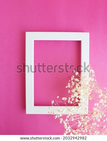 Beautiful gypsophila flower and white frame on pink background,space for text, close up, top view