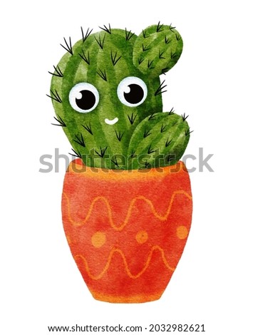 Cute cartoon cactus clip art illustration in flowerpot. Bright watercolor succulent with smiling face isolated on white. Handdrawn prickly green house plant for children stickers or baby design.