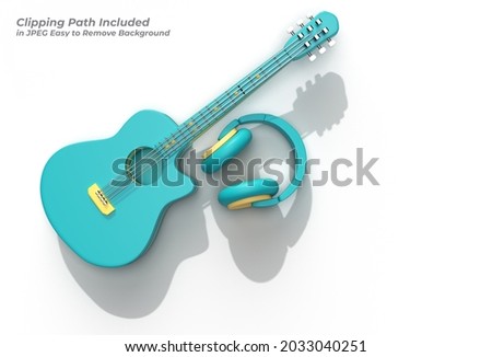 3D Render Acoustic Guitar with Music headphone Pen Tool Created Clipping Path Included in JPEG Easy to Composite.
