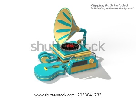 G3D Render ramophone with Music Equipment Pen Tool Created Clipping Path Included in JPEG Easy to Composite.