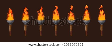 Set of medieval sprite torches with burning fire sequence animation. Ancient wooden brands with flame. Cartoon elements for pc game, flaming torchlight or lighting flambeau isolated vector icons