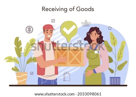 Commercial activities. Entrepreneur receiving products from suppliers. Goods on showcases. Retailing process, marketing and price politics. Flat vector illustration