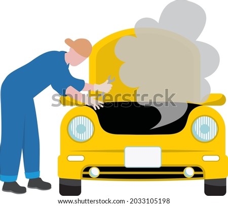 
Illustration of a worker repairing a yellow car