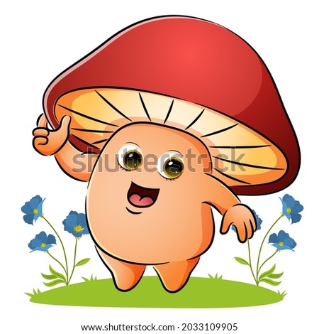 The mushroom is holding the hood in the garden of illustration