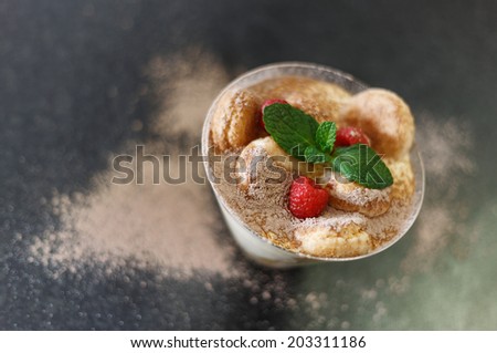 Tiramisu garnished with raspberry and mint in a glass bowl. Selective focus, shallow Depth of Field. Art photo