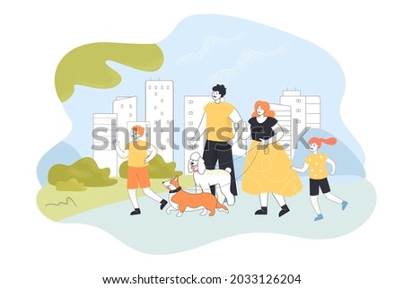 Family on walk in modern city park flat vector illustration. Happy parents, mom, dad, children, son, daughter walking dogs together in nature. Family, love, pet, animal, nature, leisure concept