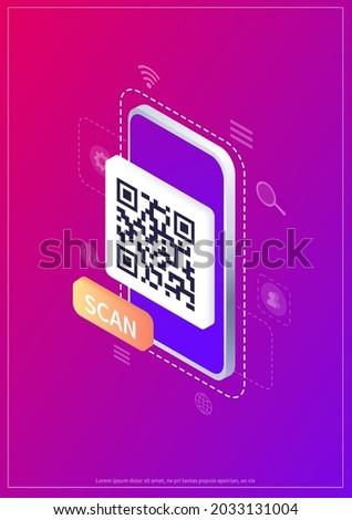 Isometric Smartphone scanning qr code. Download page of the mobile app. Web banner. Concept web design, website page development. Qr code verification landing page. Template