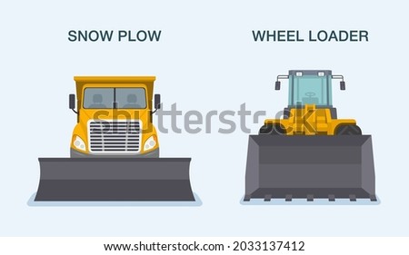 Isolated yellow snow plow and wheel loader truck front view. Flat vector illustration template. Royalty-Free Stock Photo #2033137412