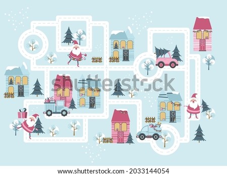 Christmas city roads. Nursery Vector illustration with roads, houses, forest, cars, santa. 