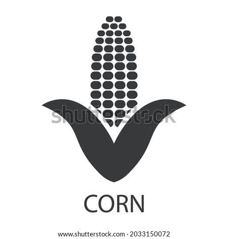 The corn icon. A silhouette of a ripe corn cob with a signature. Delicious and healthy food that causes allergies. Vector illustration isolated on a white background. Royalty-Free Stock Photo #2033150072