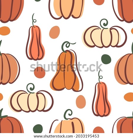 Autumn seamless pattern with stylized pumpkins and round blob. Flat vector background