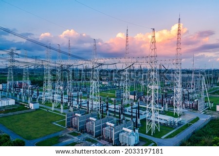Aerial view of a high voltage substation. Royalty-Free Stock Photo #2033197181