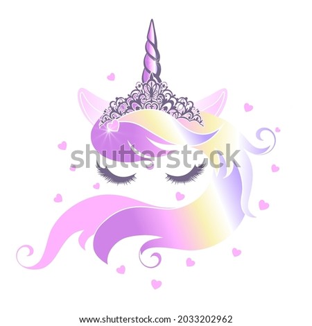 Cute unicorn face with closed eyes wearing a rainbow mane tiara. Vector image isolated on white background.