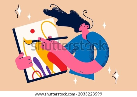 Painting, drawing and artwork concept. Young smiling woman artist standing making drawing on canvas feeling creative vector illustration  Royalty-Free Stock Photo #2033223599